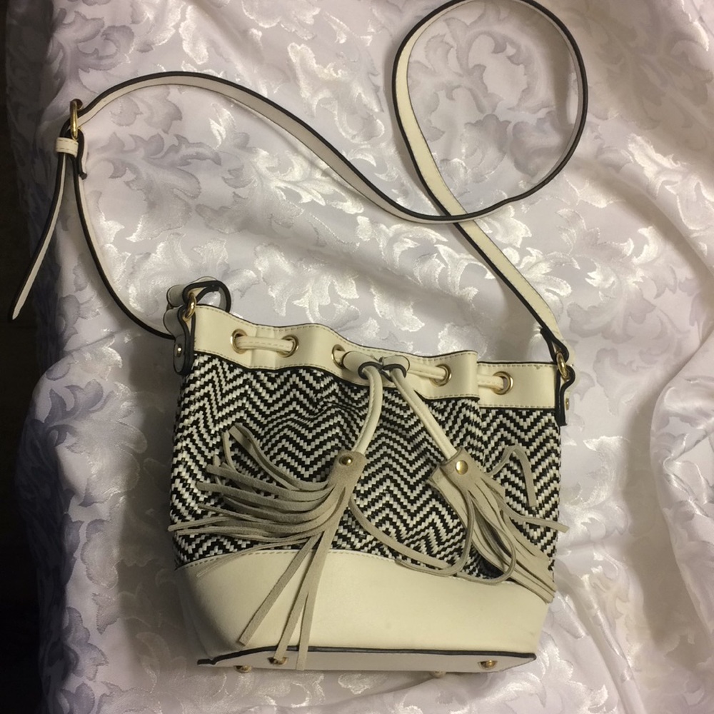 White leather w/Black &white straw bucket bag